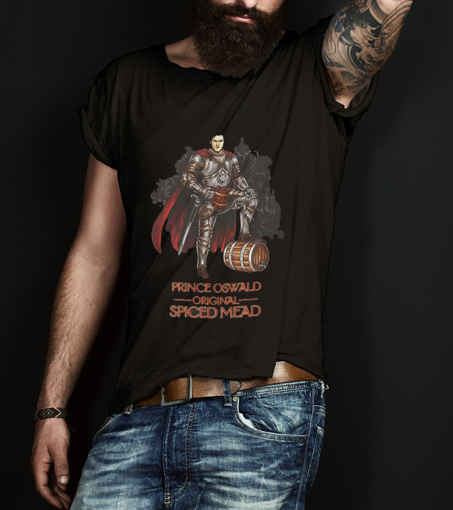 Prince Oswald Original Spiced Mead Knight With Barrel And Red Cape T-Shirt