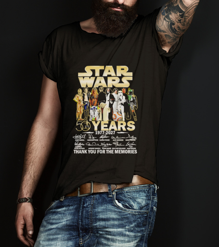 Star Wars 50 Years 1977 2027 Thank You For The Memories Cast Signatures T-Shirt