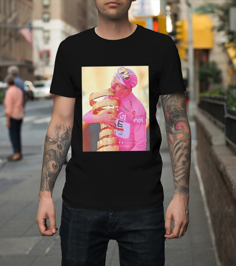 Tadej Pogačar Trophy Celebration UAE Pink Jersey T-Shirt