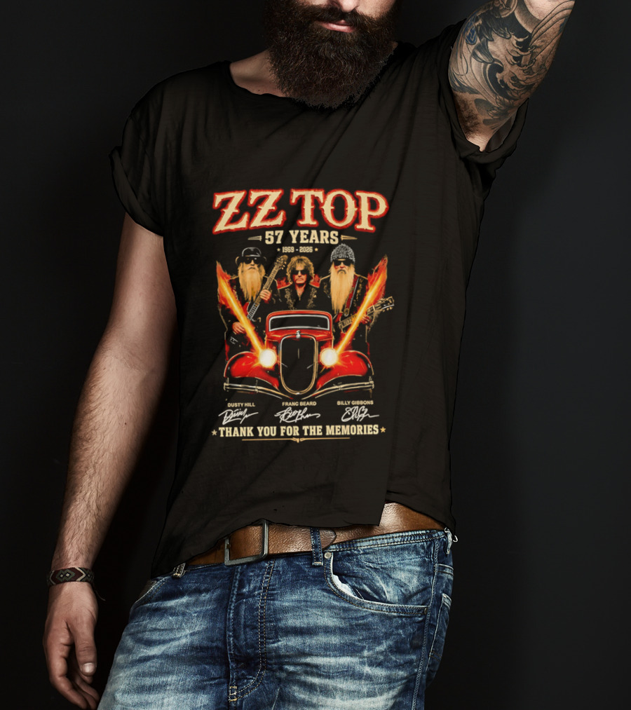 ZZ Top 57 Years 1969 2026 Dusty Hill Franc Beard Billy Gibbons Thank You For The Memories Classic Car And Guitars T-Shirt