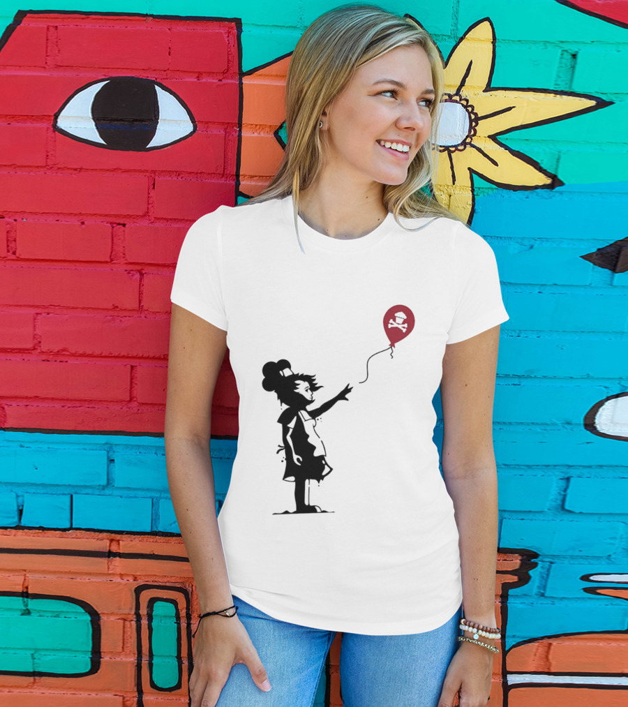 Baker Reaching For Cupcake And Crossbones Balloon Black Silhouette On Red T-Shirt