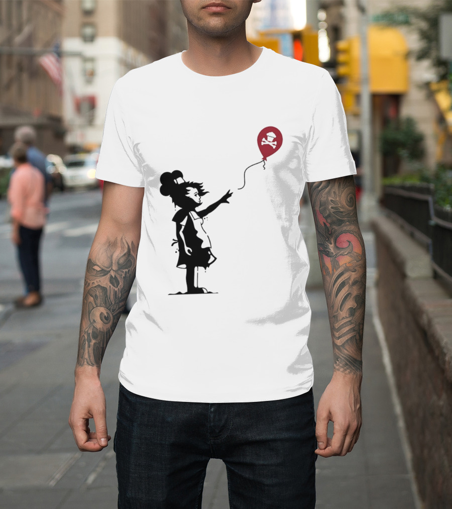Baker Reaching For Cupcake And Crossbones Balloon Black Silhouette On Red T-Shirt