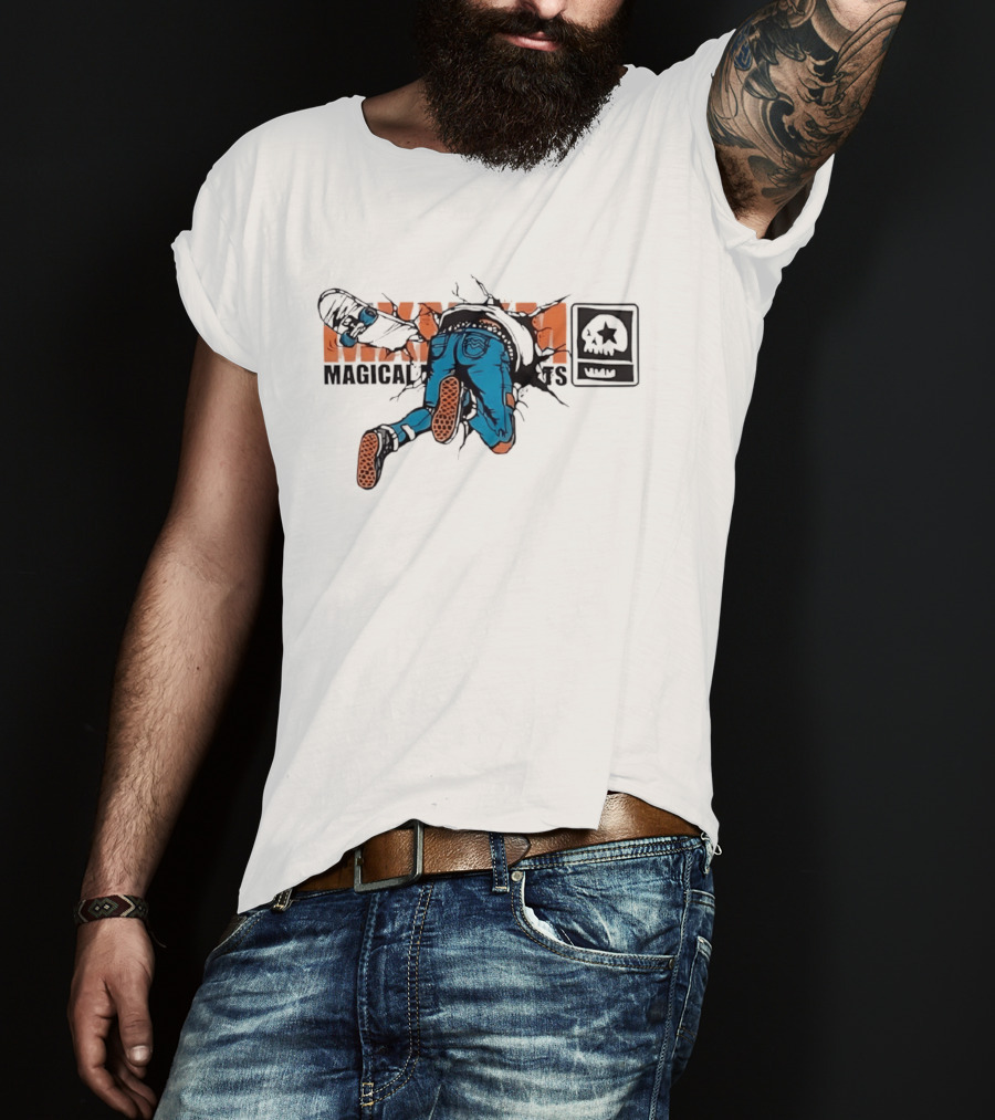 Magical Skateboarder Crashing Through Wall Skull Jeans Brick Wall T-Shirt