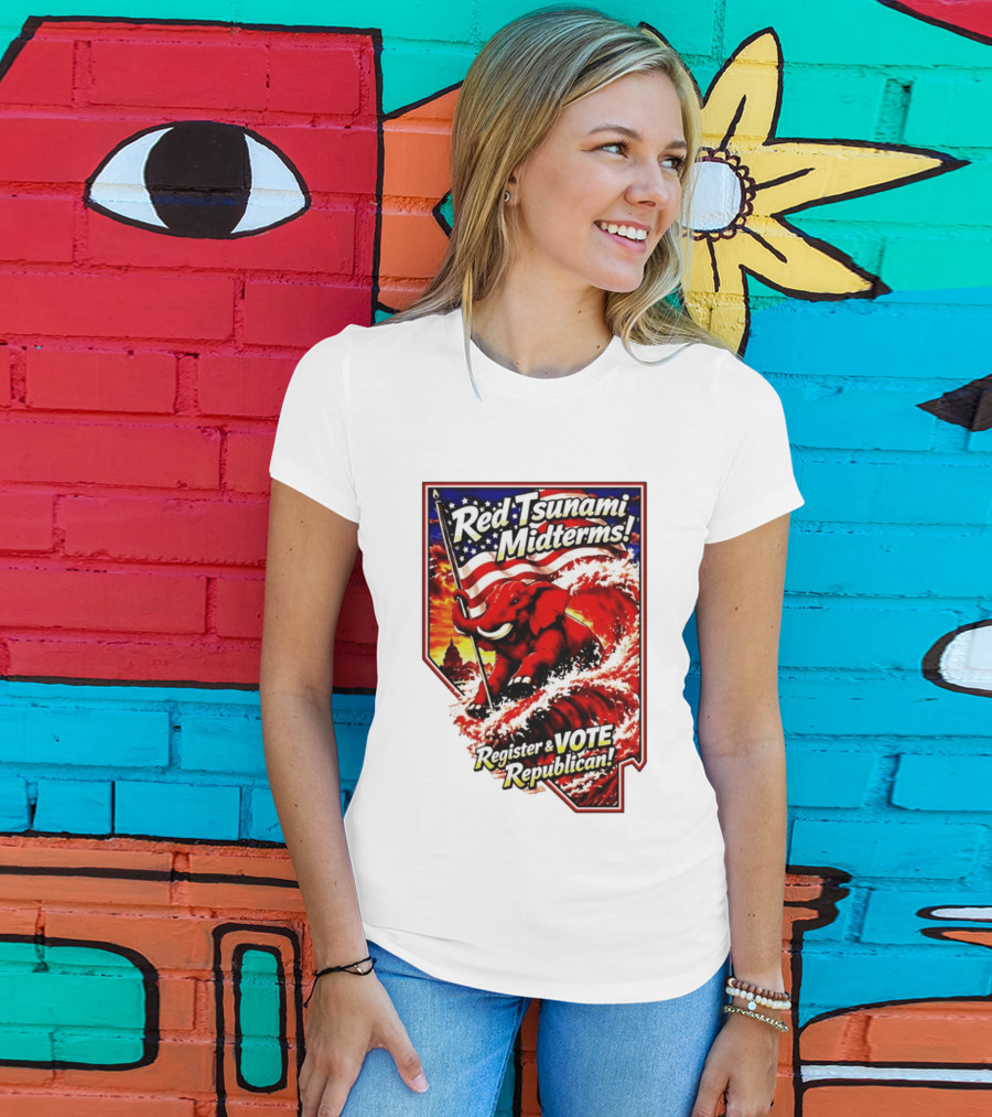 Red Tsunami Midterms Register And Vote Republican Political Elephant With American Flag T-Shirt