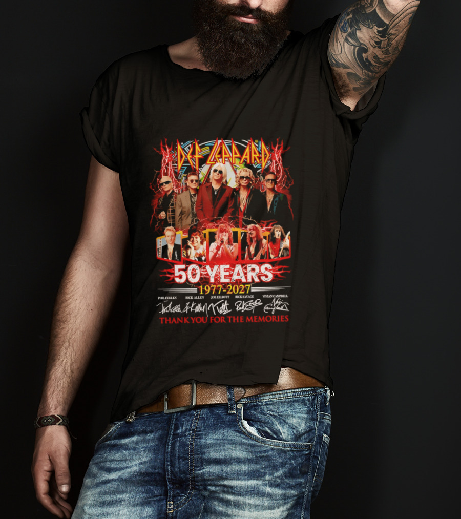 Def Leppard 50 Years 1977 2027 Thank You For The Memories Rock Legends Celebration Autographed Collage T-Shirt