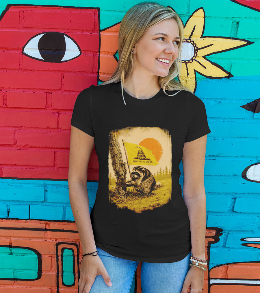 Don't Tread On Me Raccoon Holding Gadsden Flag Rustic Sun T-Shirt