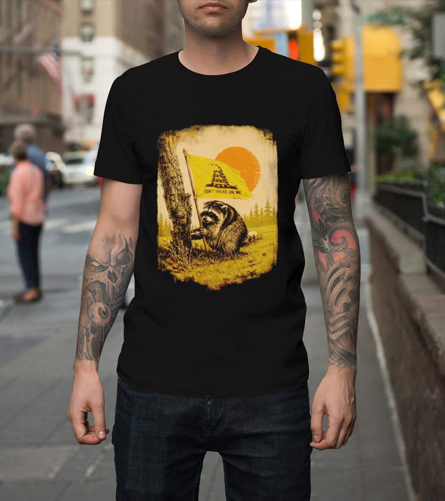 Don't Tread On Me Raccoon Holding Gadsden Flag Rustic Sun T-Shirt
