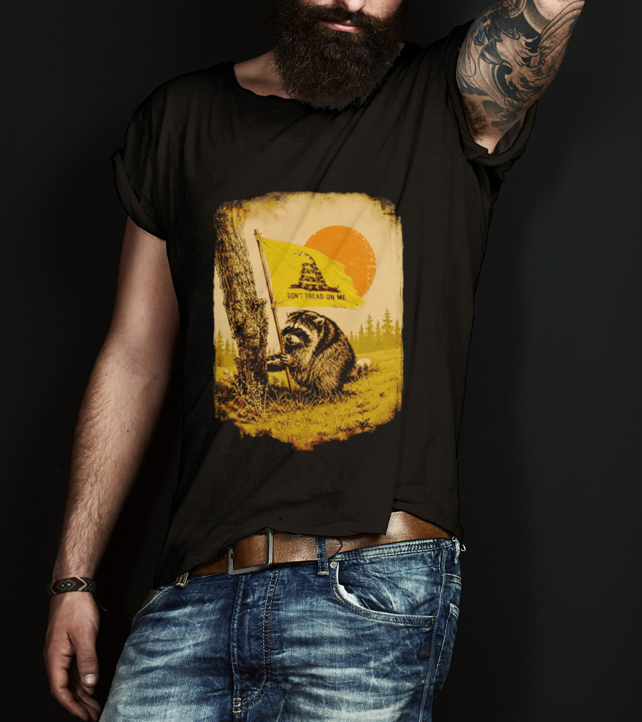 Don't Tread On Me Raccoon Holding Gadsden Flag Rustic Sun T-Shirt