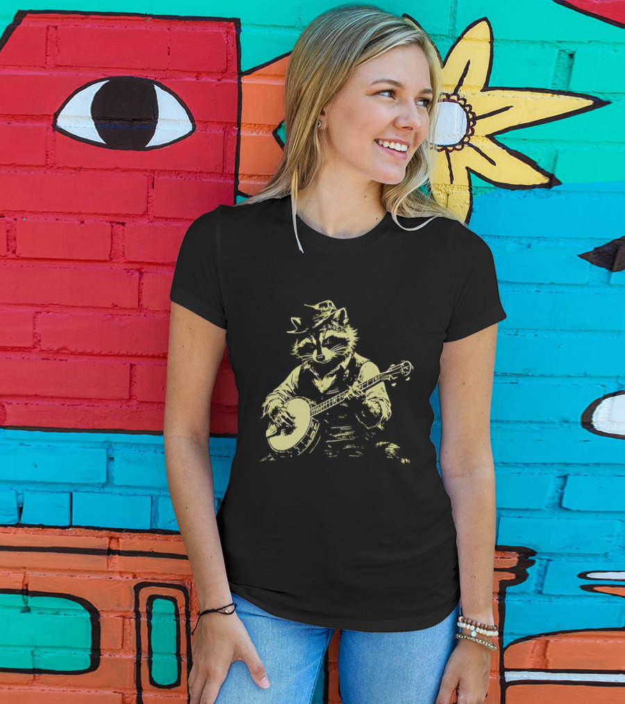 Raccoon Strumming Banjo Wearing Hat And Vest T-Shirt