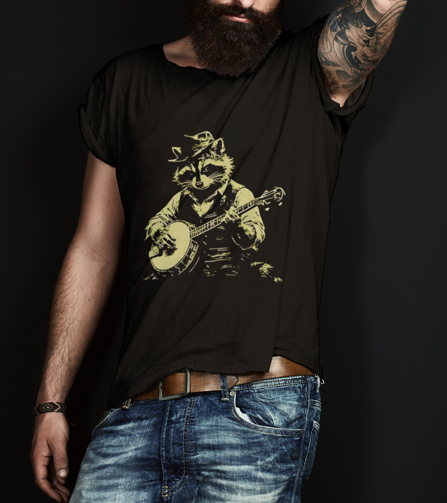 Raccoon Strumming Banjo Wearing Hat And Vest T-Shirt