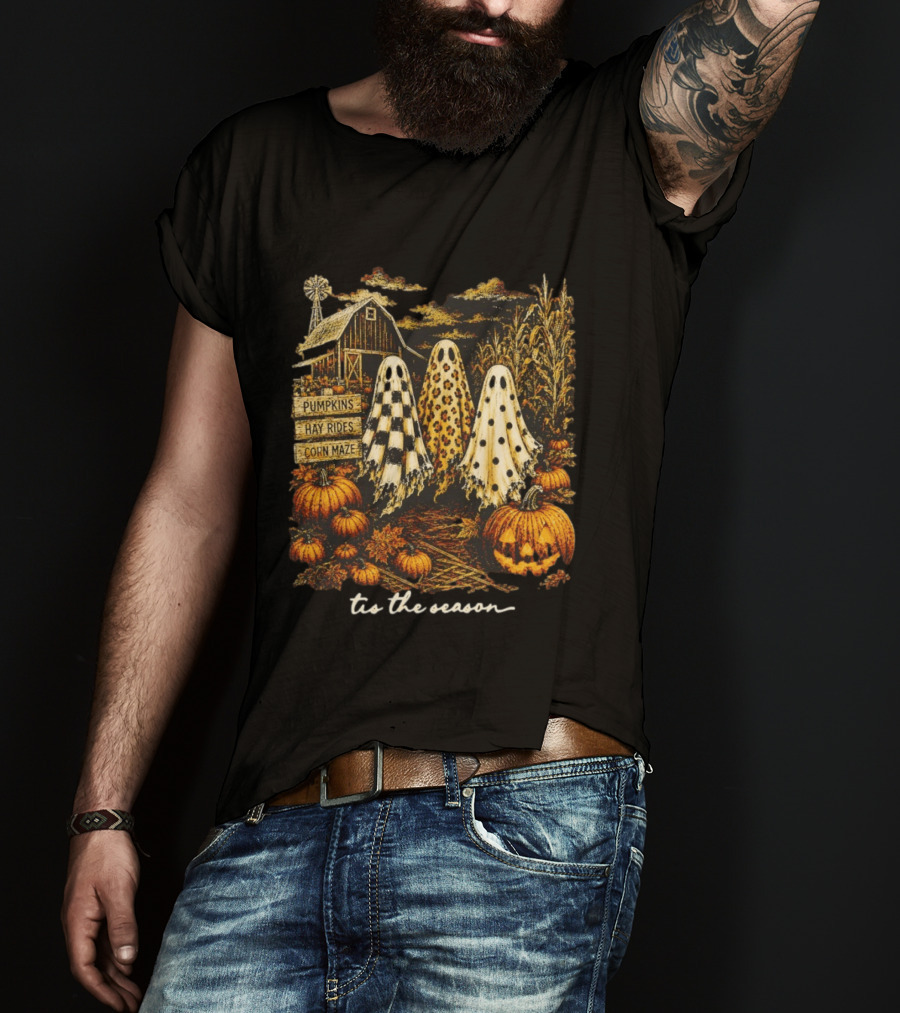 Tis The Season Halloween Ghosts Trio Pumpkins Hay Rides Corn Maze Spooky Autumn T-Shirt