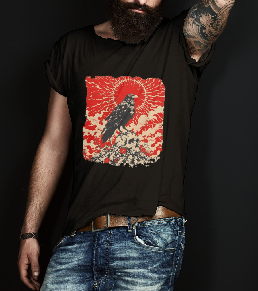 The Crow And The Skull Vintage Gothic Illustration Red Sunburst Mystical T-Shirt