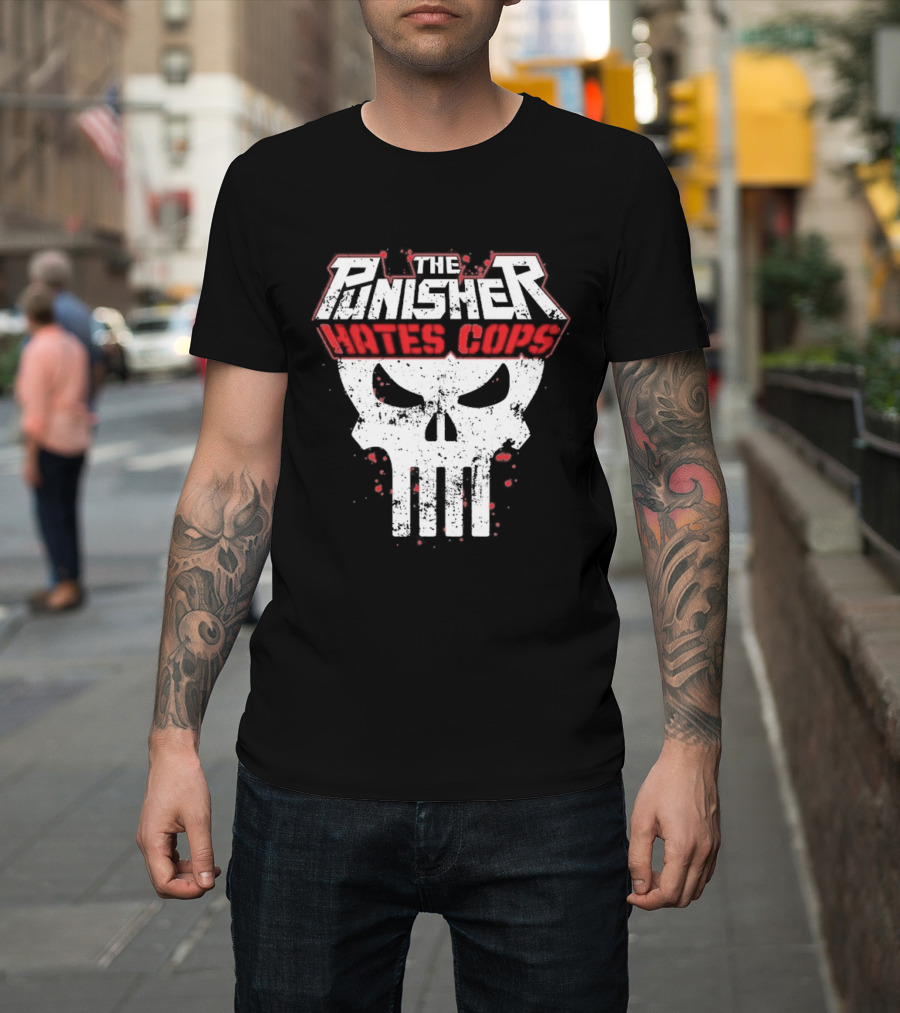 The Punisher Hates Cops Skull Symbol Red White T-Shirt