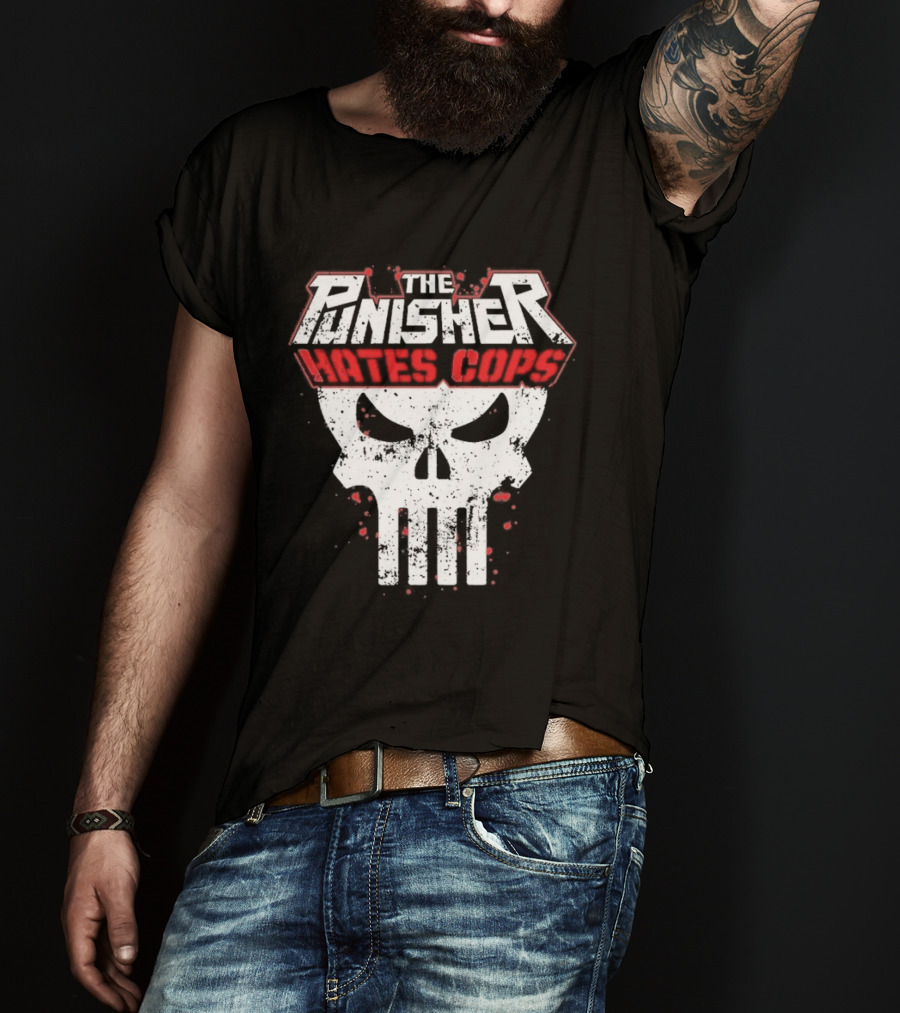 The Punisher Hates Cops Skull Symbol Red White T-Shirt