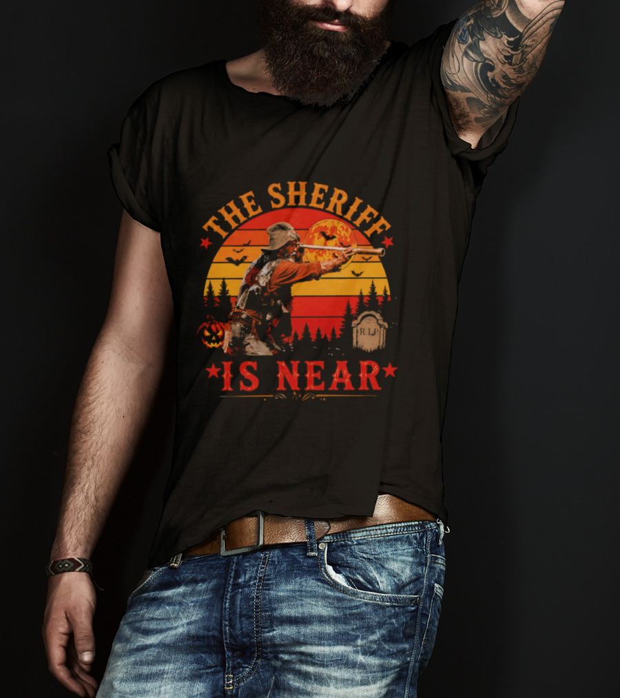 The Sheriff Is Near Halloween Cowboy Full Moon Tombstone Pumpkin Bats T-Shirt