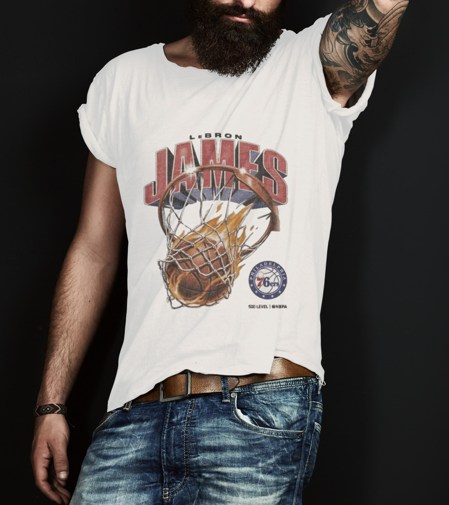 LeBron James Philadelphia 76ers Basketball Hoop Fire NBA 90s T-Shirt