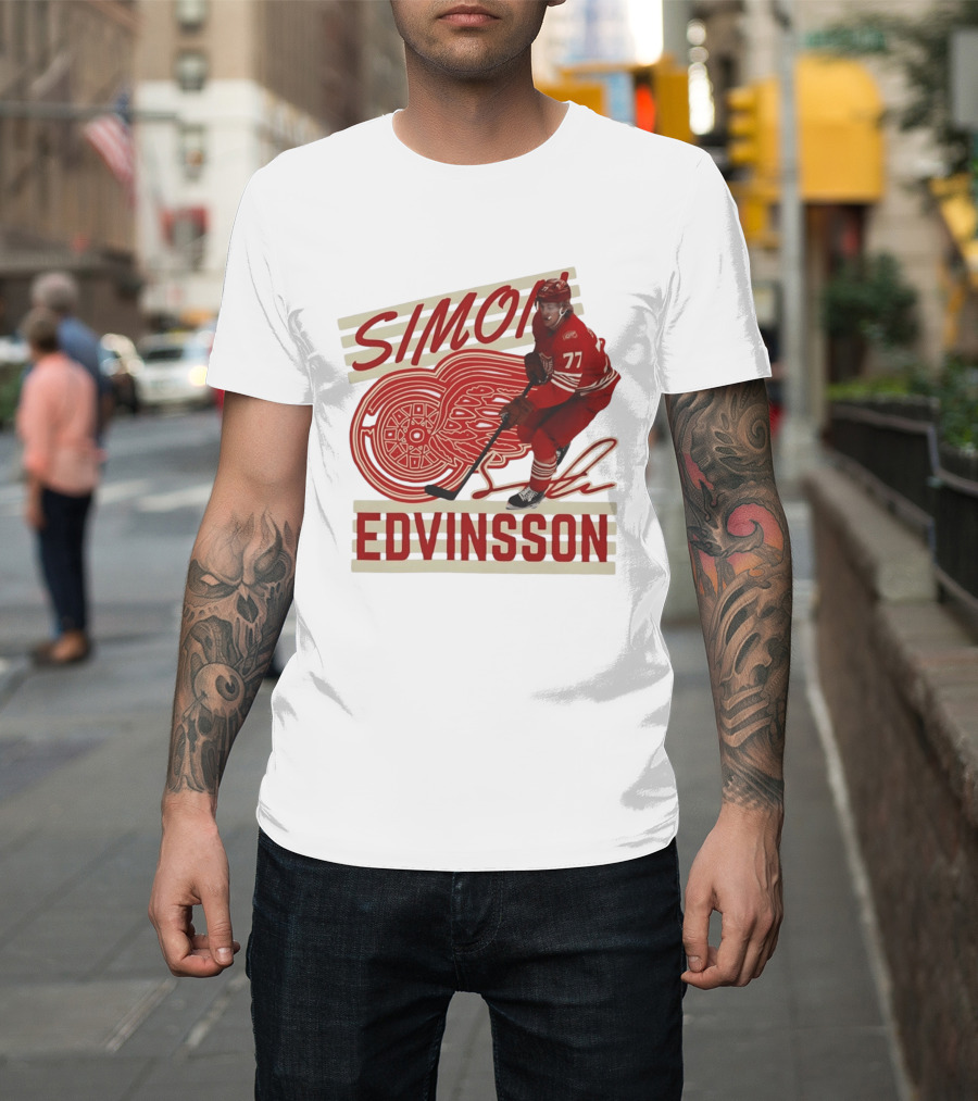 Simon Edvinsson 77 Detroit Red Wings Signature Hockey T-Shirt