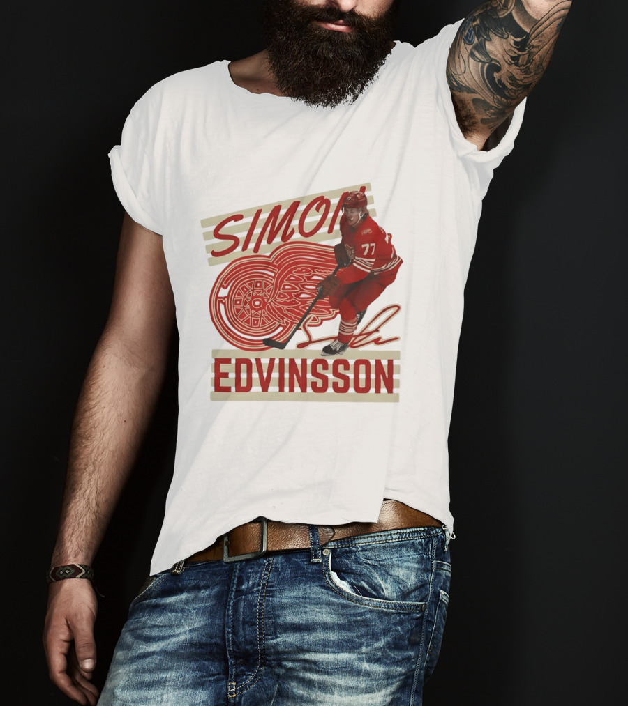 Simon Edvinsson 77 Detroit Red Wings Signature Hockey T-Shirt