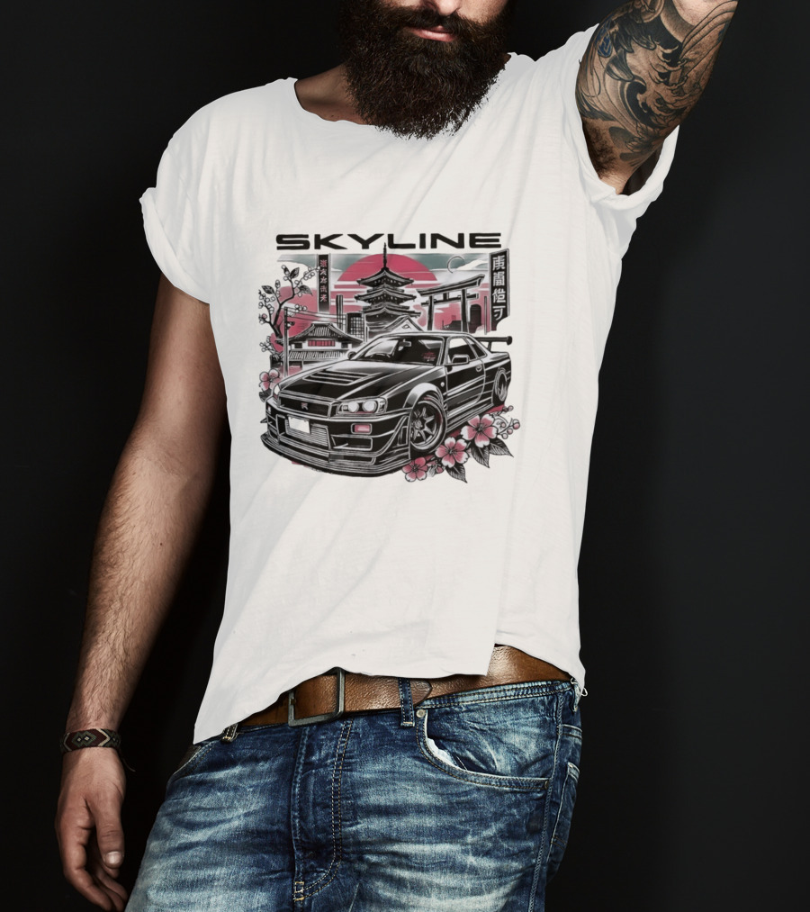 Skyline Japanese Cherry Blossom Car Pagoda Sun Blossoms T-Shirt