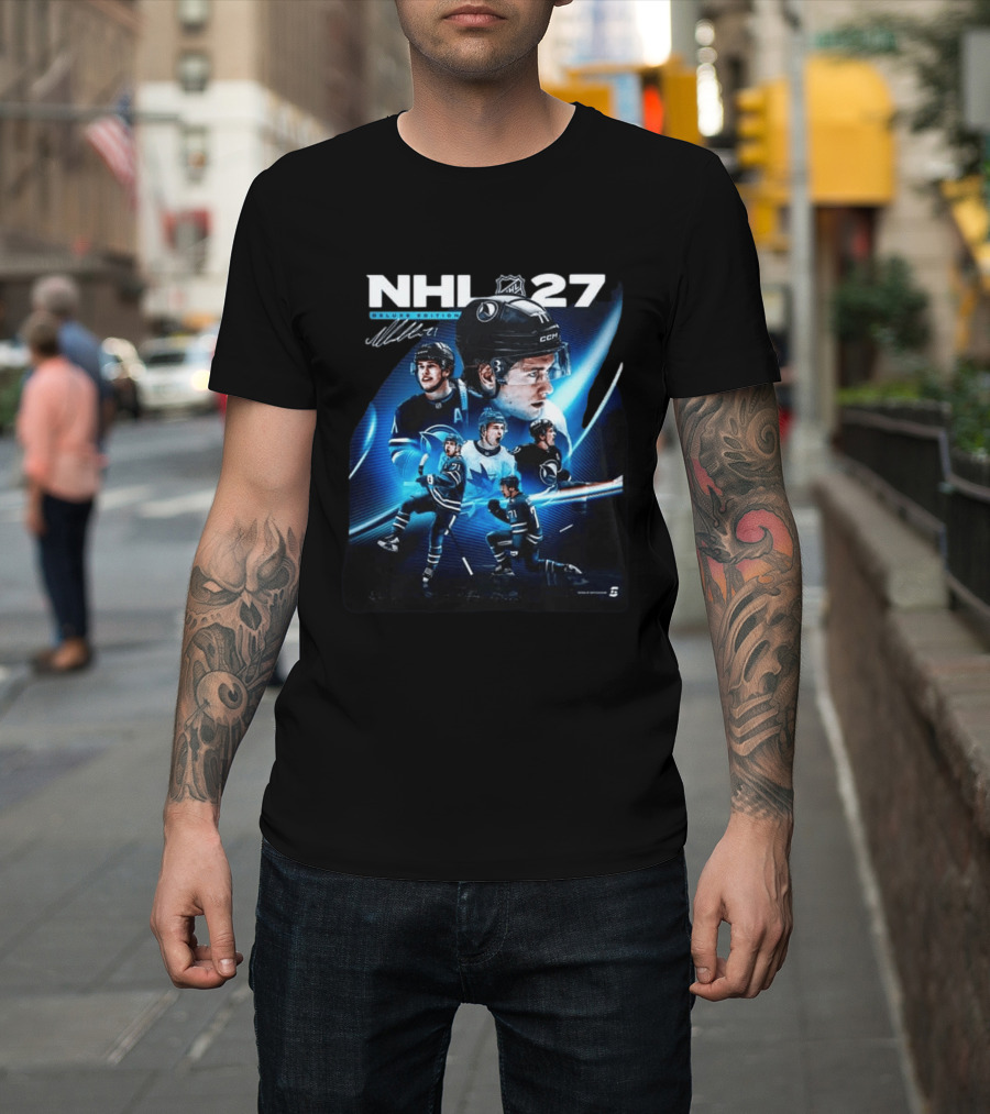 NHL 27 Deluxe Edition Macklin Celebrini Autographed Cover T-Shirt