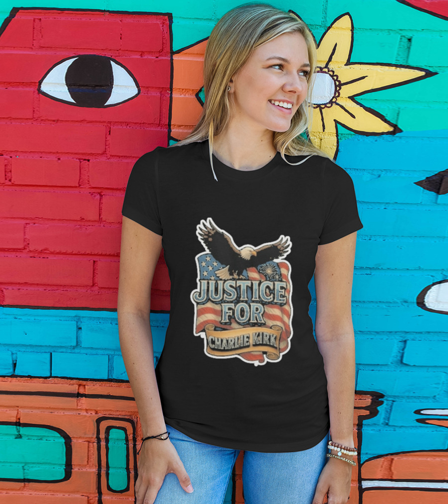 Justice For Charlie Kirk Bald Eagle American Flag Banner T-Shirt