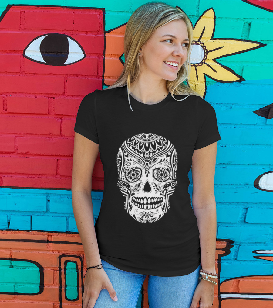Sugar Skull Artistic Decorative Detailed Black White Intricate Motif T-Shirt