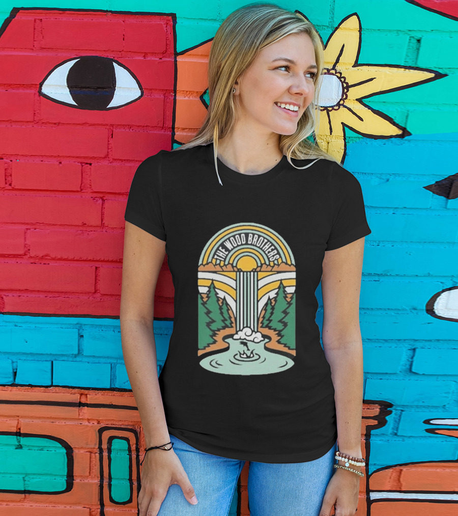 The Wood Brothers Waterfall Nature Scene With Sunburst And River Rapids T-Shirt