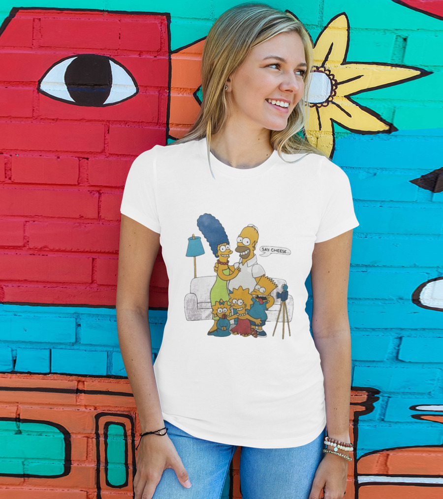 Jayden Daniels Simpsons Family Say Cheese White Couch Scene T-Shirt