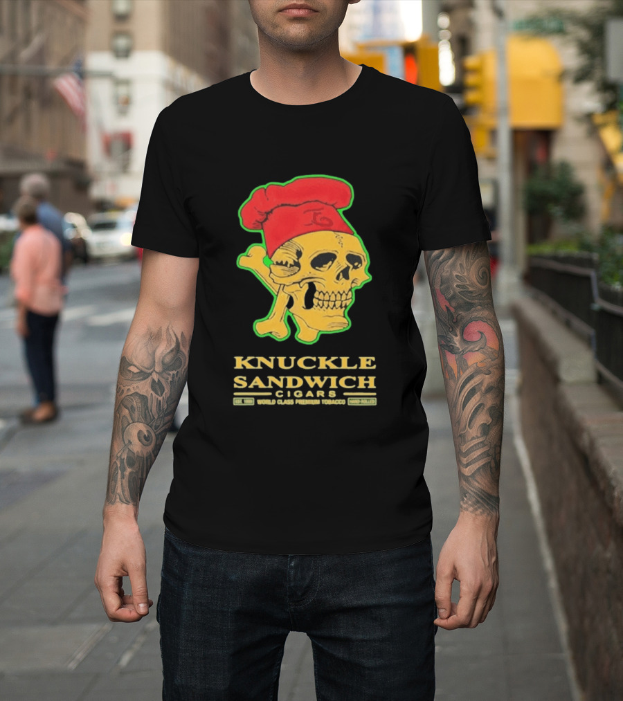 Knuckle Sandwich Cigars World Class Tobacco Skull With Red Chef Hat And Crossbones T-Shirt