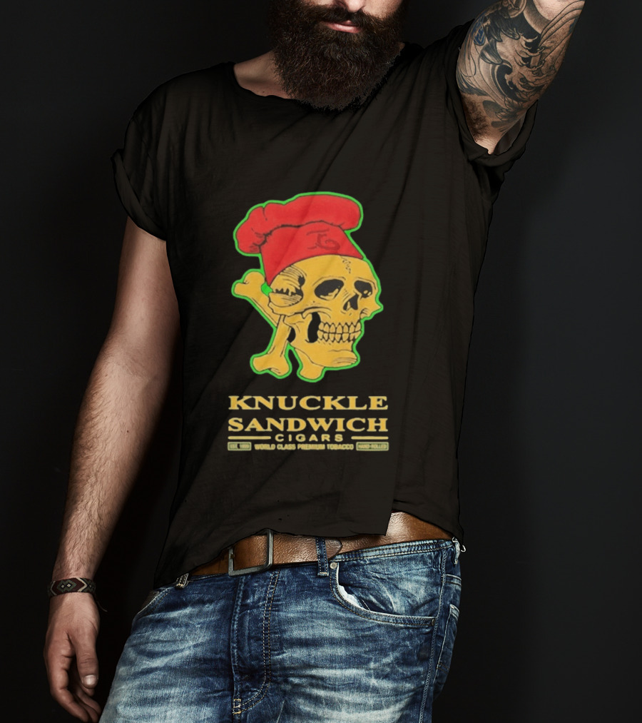 Knuckle Sandwich Cigars World Class Tobacco Skull With Red Chef Hat And Crossbones T-Shirt