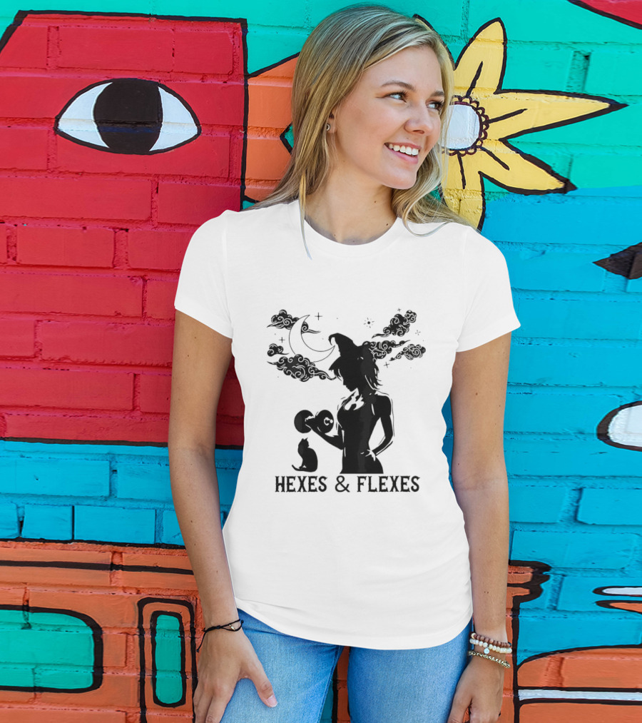Spooky Fitness Witch Lifting Dumbbell With Cat Hexes & Flexes Moon Clouds T-Shirt