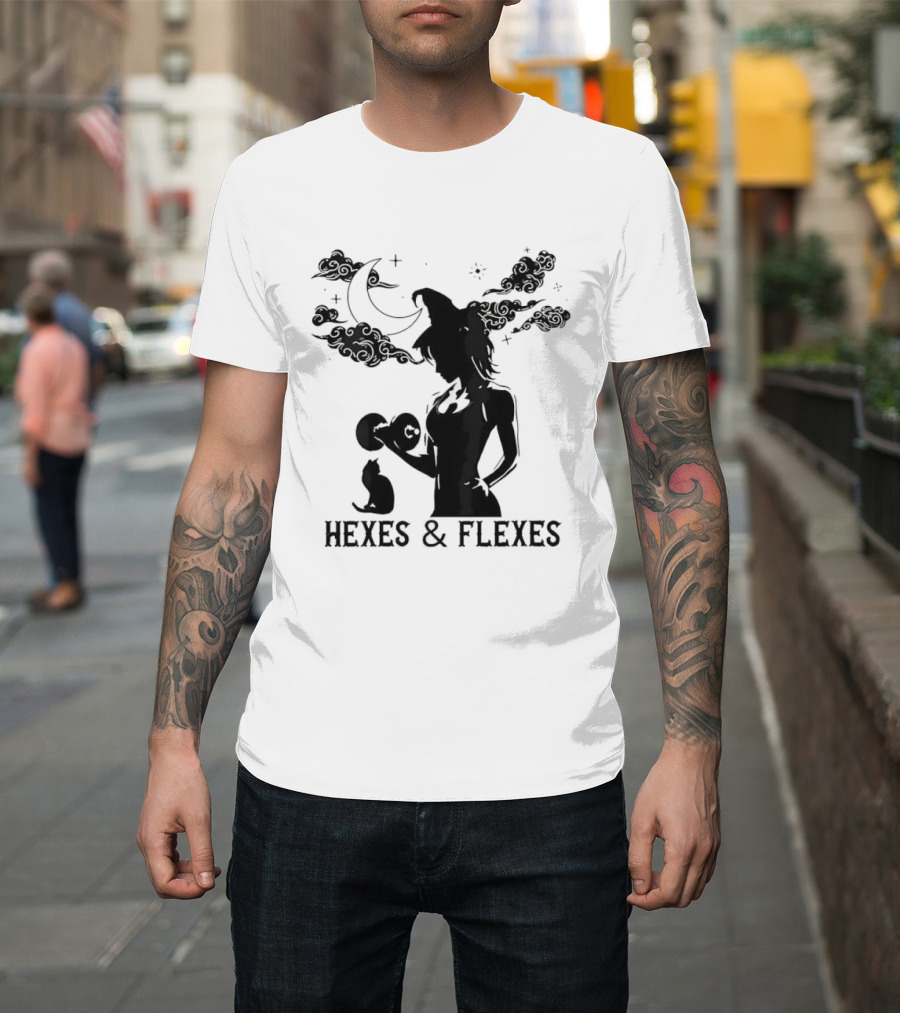 Spooky Fitness Witch Lifting Dumbbell With Cat Hexes & Flexes Moon Clouds T-Shirt