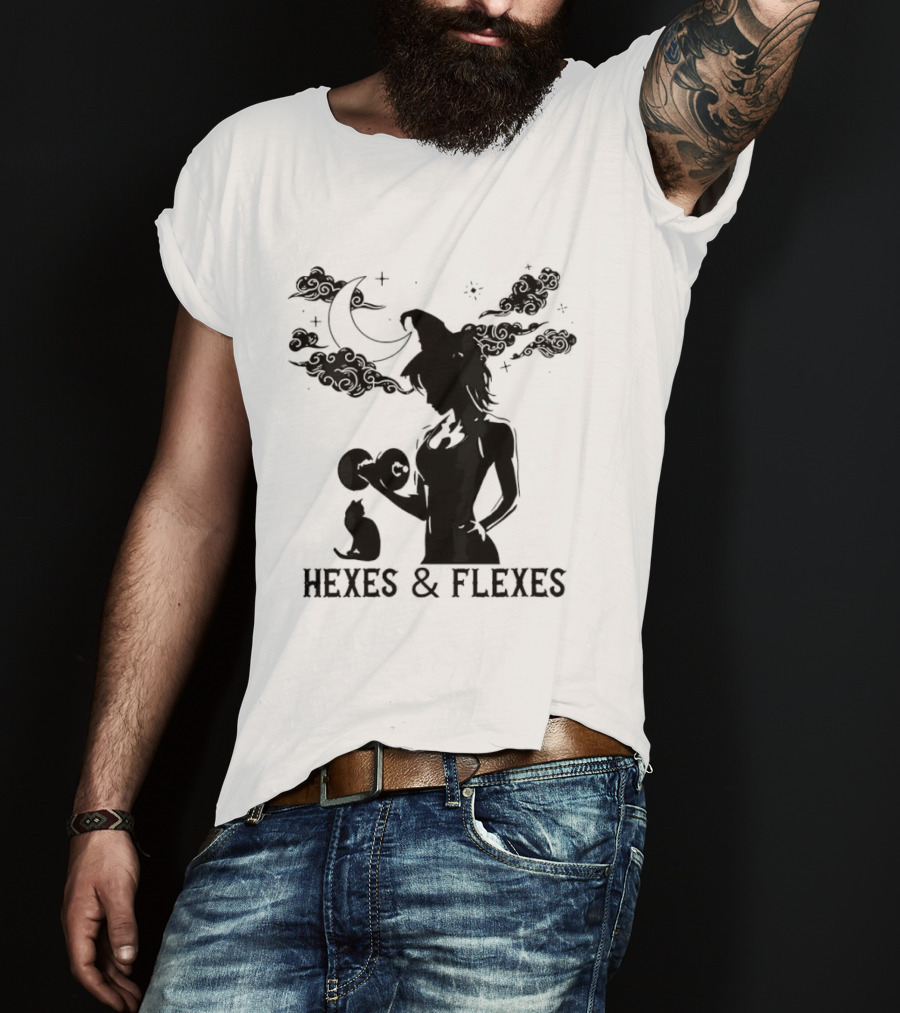 Spooky Fitness Witch Lifting Dumbbell With Cat Hexes & Flexes Moon Clouds T-Shirt