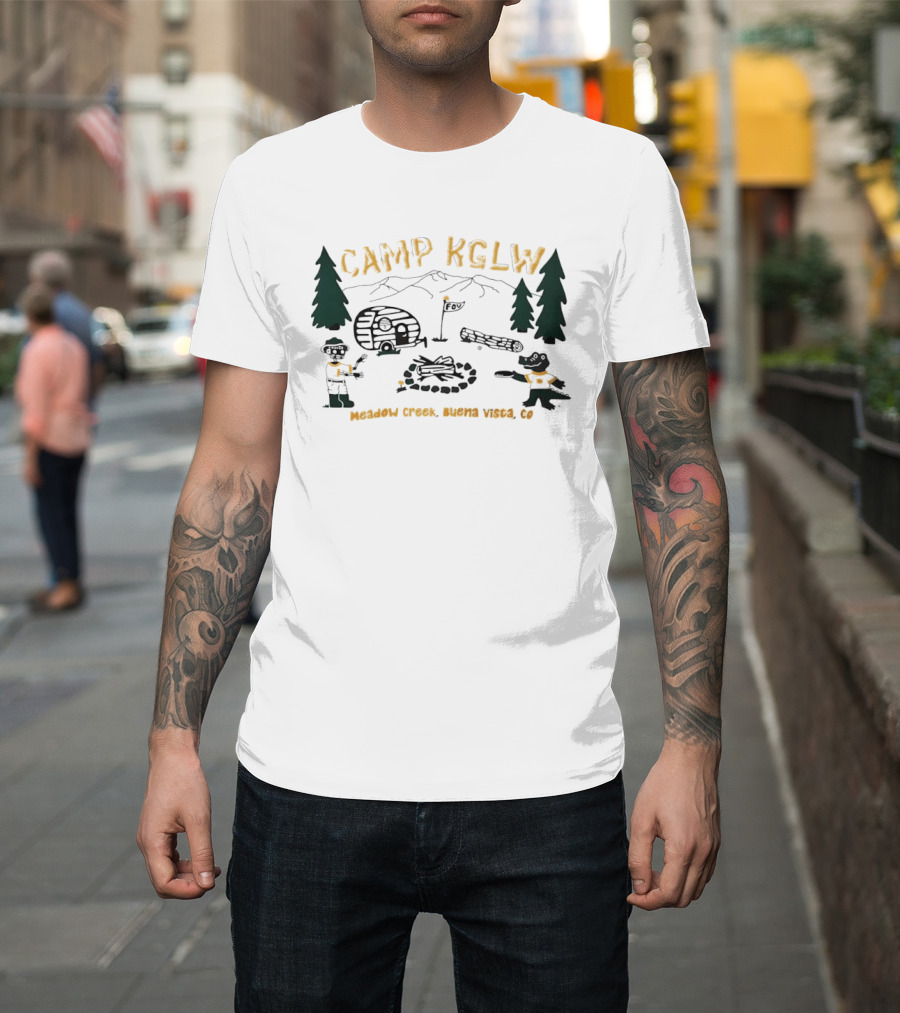 Camp KGLW Meadow Creek Buena Vista CO Skeleton Gator Camping Disc Golf T-Shirt