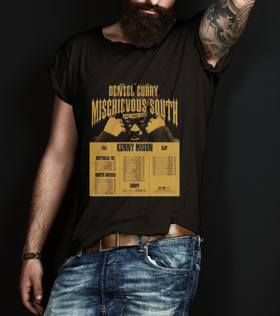Denzel Curry Mischievous South 2025 World Tour Kenny Mason Clip 454 Australia North America Europe Dates T-Shirt