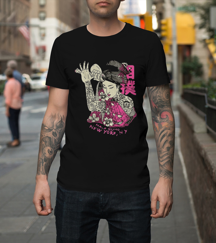 Tattooed Geisha With Katana And Flowers Japanese Samurai Half Sumo New York NY T-Shirt