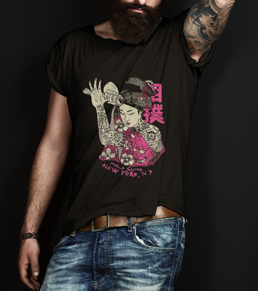 Tattooed Geisha With Katana And Flowers Japanese Samurai Half Sumo New York NY T-Shirt