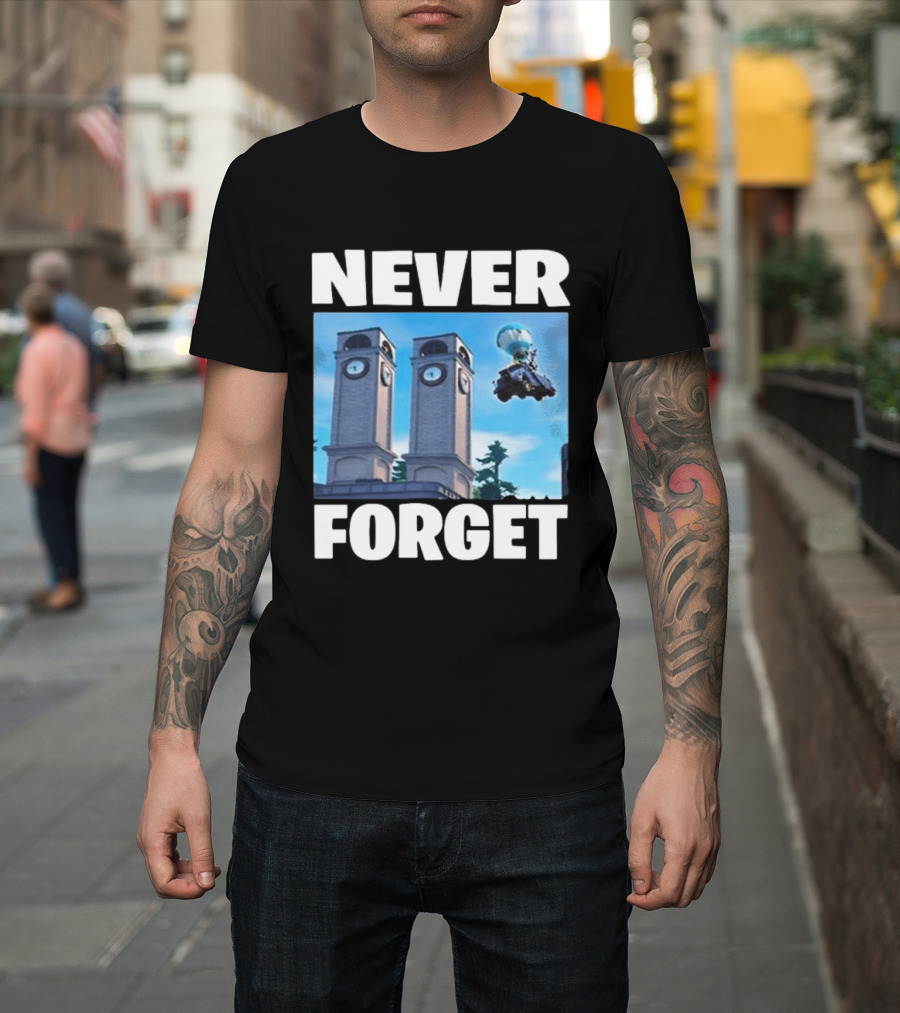 NEVER FORGET Twin Tilted Towers Fortnite Battle Bus T-Shirt