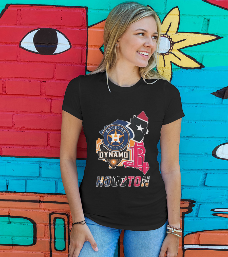 Houston Astros Texans Dynamo Rockets Map Logo Collage T-Shirt