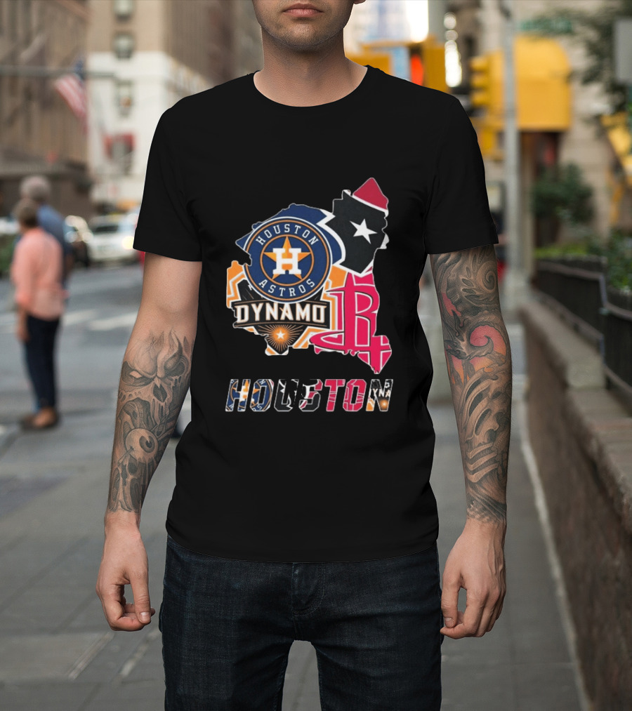 Houston Astros Texans Dynamo Rockets Map Logo Collage T-Shirt