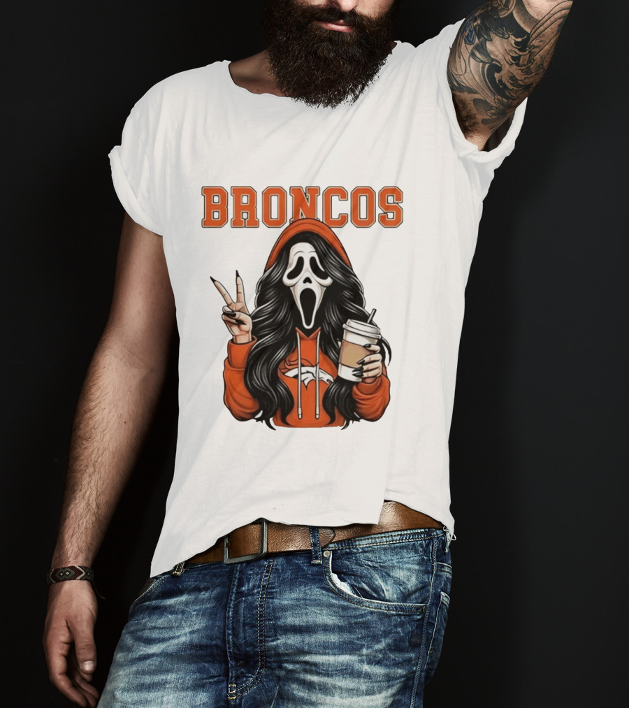 Broncos Ghostface Scream Halloween Coffee Peace Sign T-Shirt