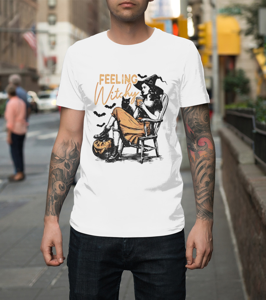 Feeling Witchy Witch With Pumpkin And Bats Halloween Vibes T-Shirt
