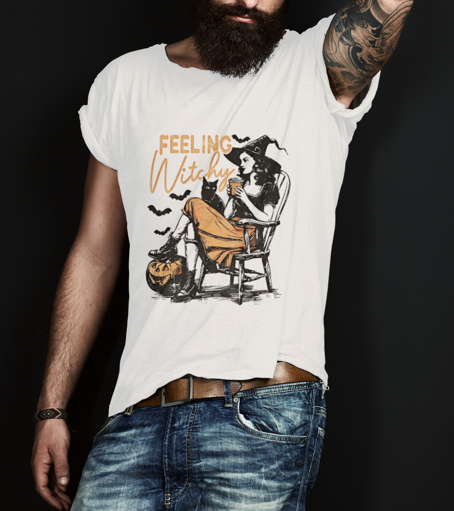 Feeling Witchy Witch With Pumpkin And Bats Halloween Vibes T-Shirt