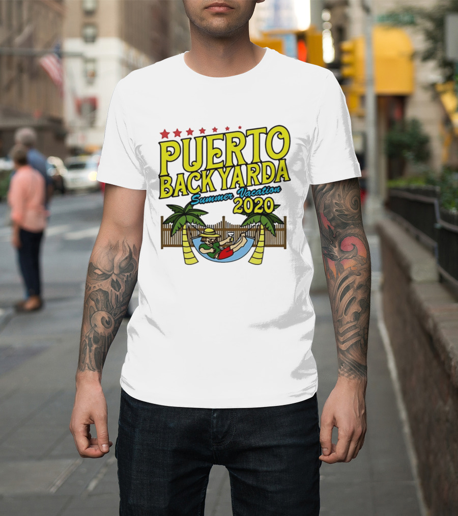 Puerto Backyarda Summer Vacation 2020 Relaxing Hammock Palm Trees Retro Cartoon T-Shirt