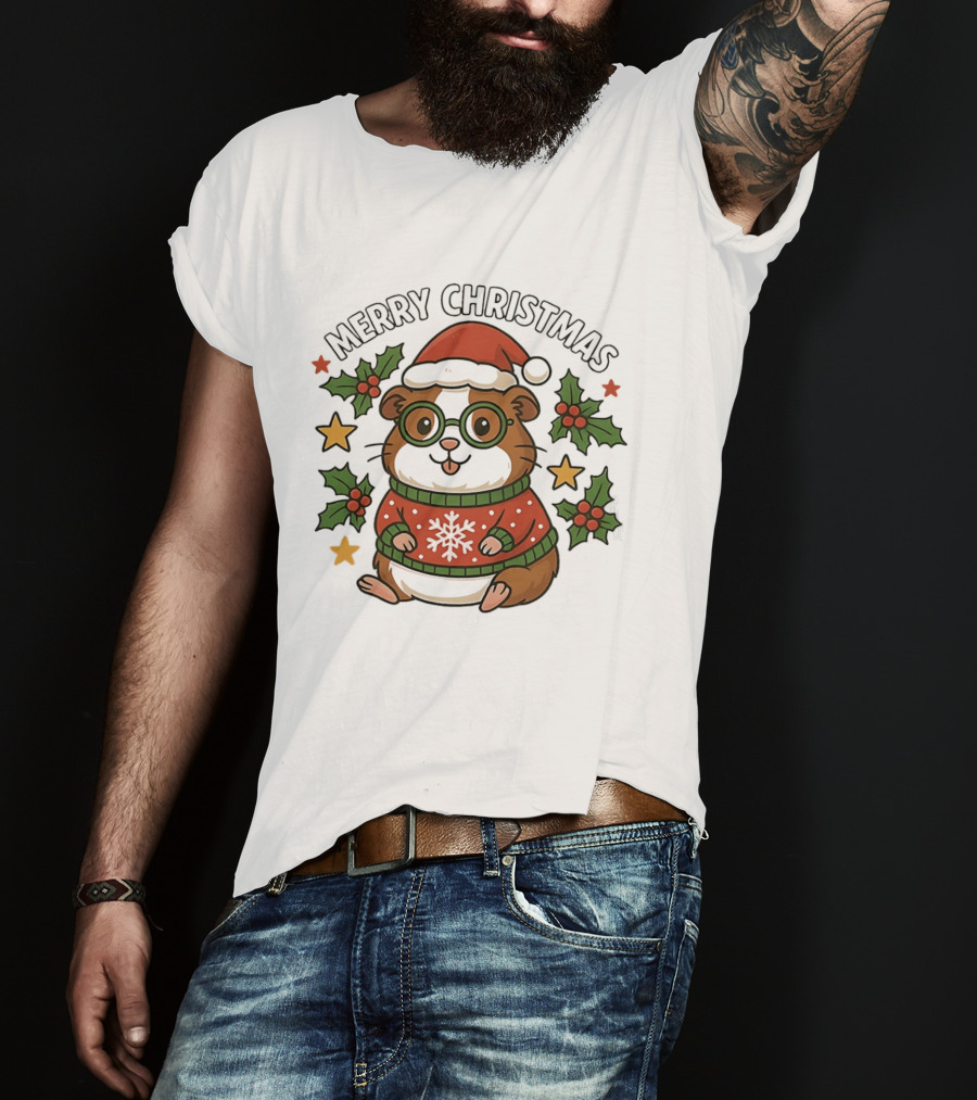Merry Christmas Santa Guinea Pig In Holiday Sweater With Holly And Stars T-Shirt