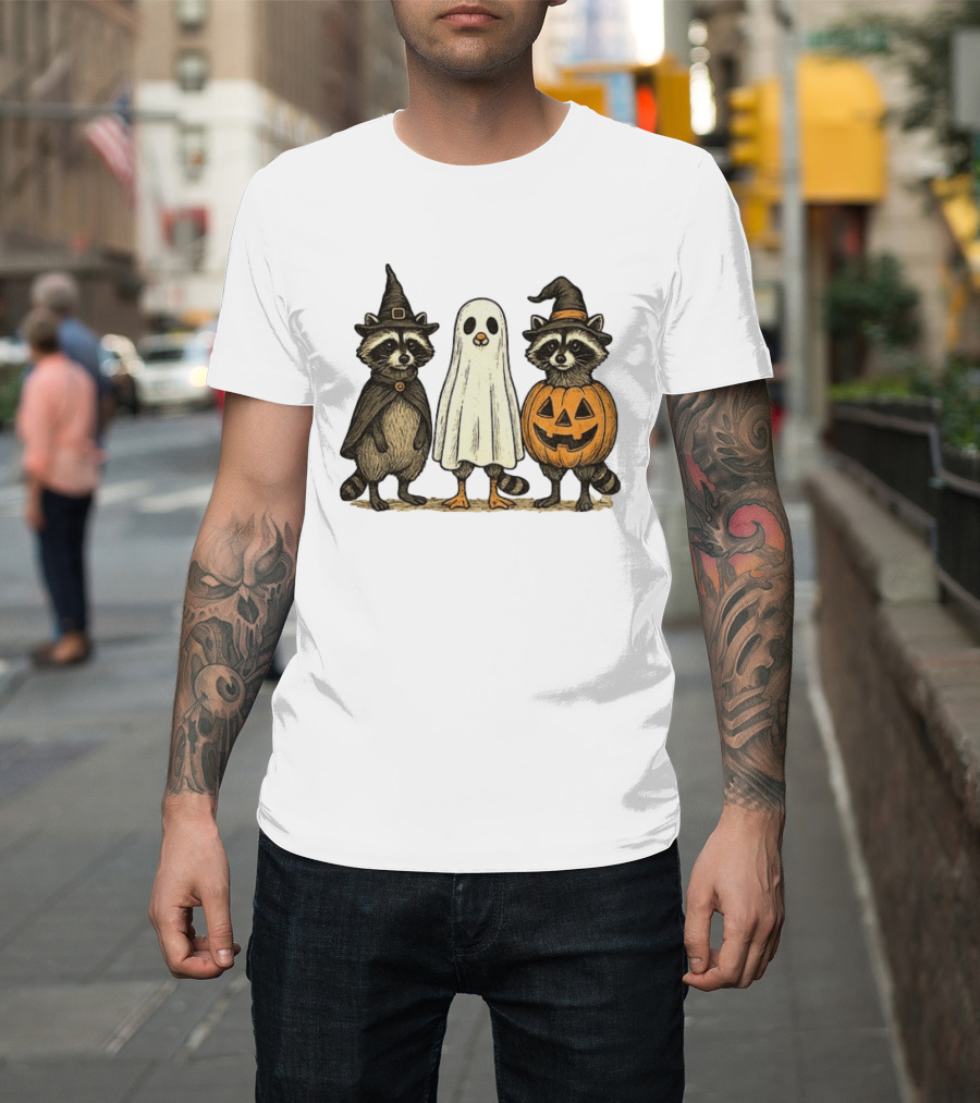 Spooky Boo Ghost Raccoon Pumpkin Raccoon Witch Hat Happy Halloween 2025 T-Shirt