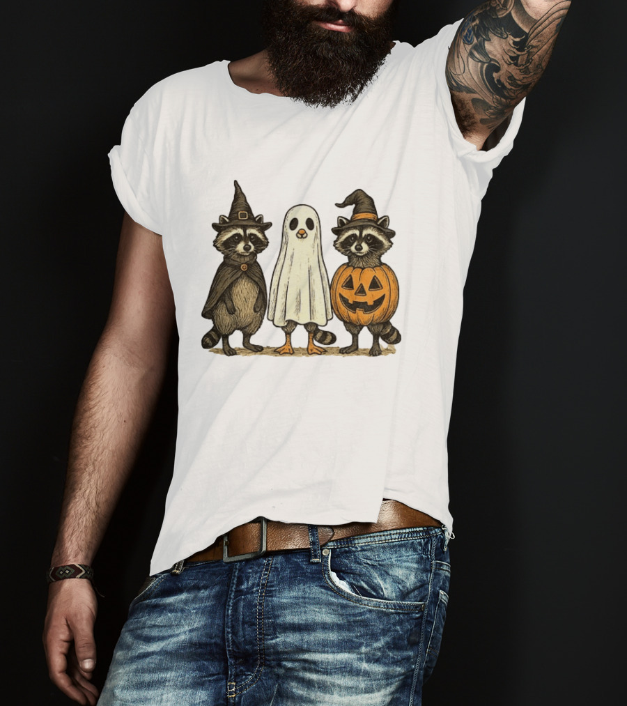 Spooky Boo Ghost Raccoon Pumpkin Raccoon Witch Hat Happy Halloween 2025 T-Shirt