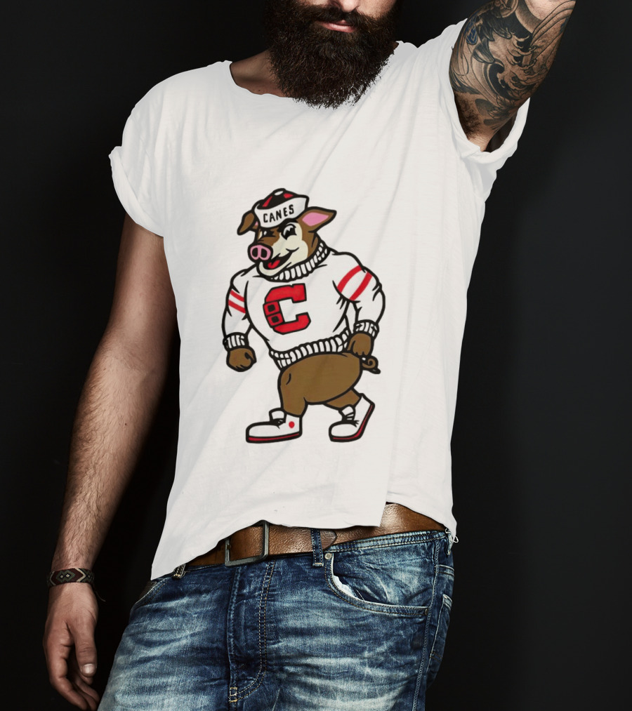 Canes Mascot Pig In Red And White Sweater With Stripes T-Shirt
