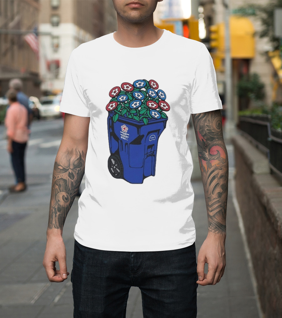 Vandy The Pink Trash Can Blue Recycling Bin Flowers T-Shirt