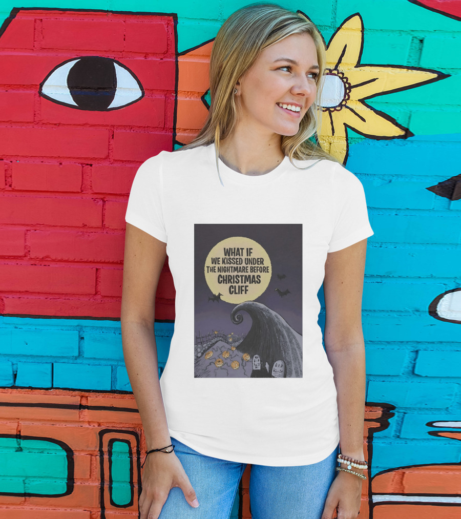 What If We Kissed Under The Nightmare Before Christmas Cliff Halloween Moon Bats Pumpkins Graveyard Scene T-Shirt